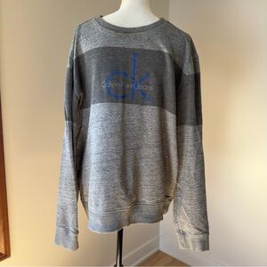 Calvin Klein Jeans Men's Gray Striped Crewneck with Blue CK Logo